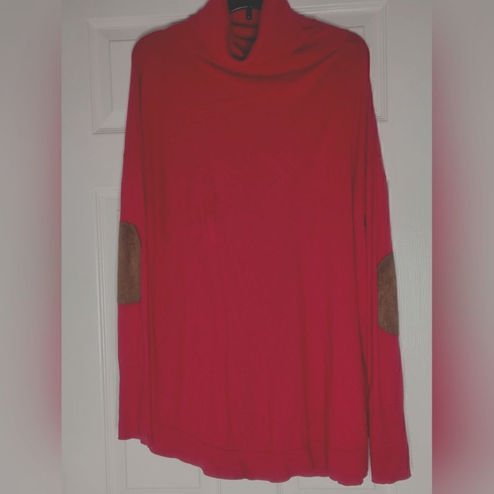 Vtg Sogi M Red Carmine SILKCASHMERE Blend DownShoulder Turtleneck Women Sweater